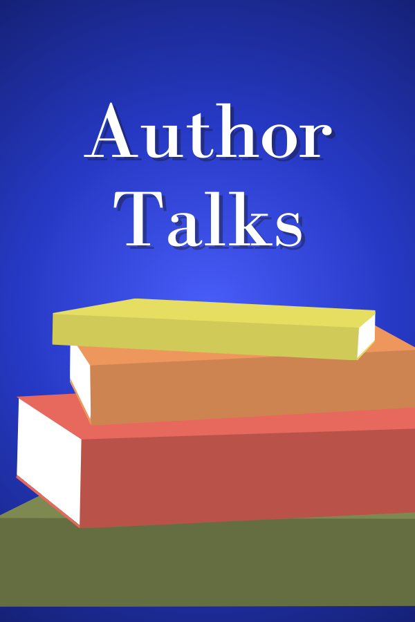 "Author Talks" text above a cartoon style stack of books