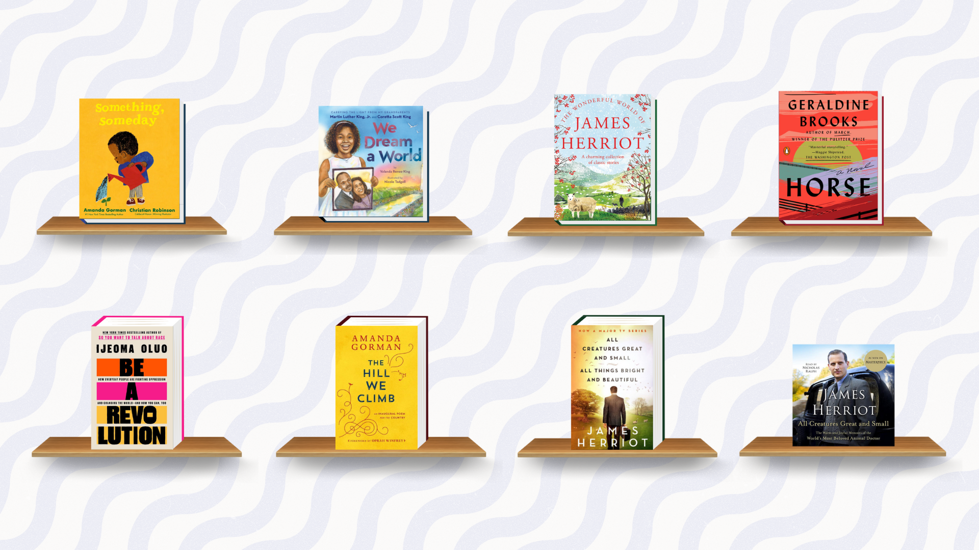 Cartoon book shelves with montly book recommendations on top