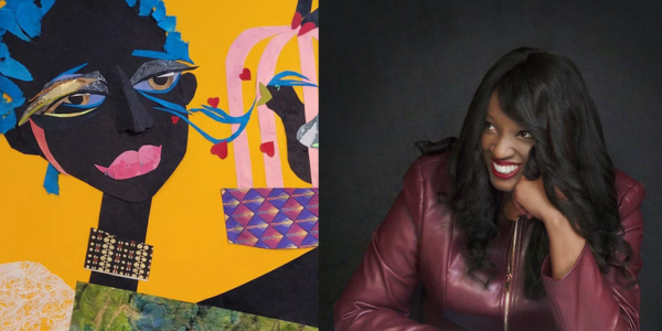 Nkeiru Okoye headshot and colorful artwork